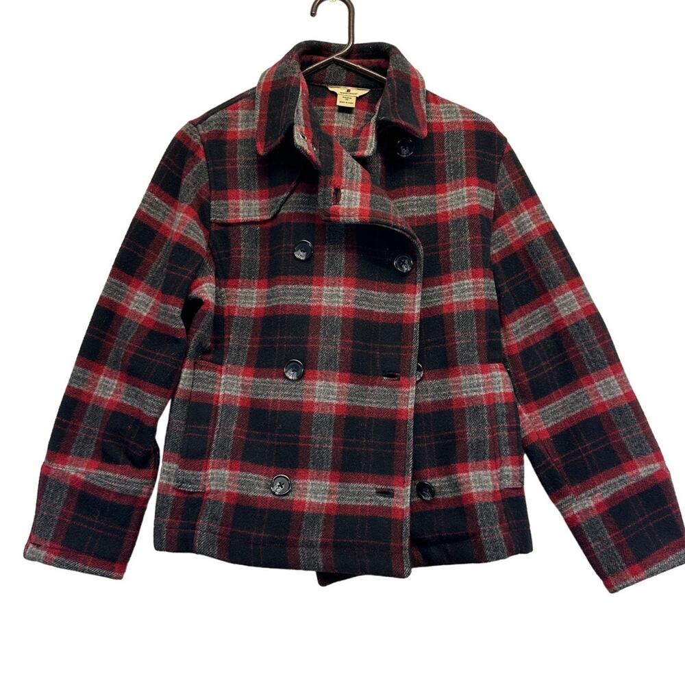 Woolrich Double Breasted Wool Pea Coat Red Black Plaid Pockets Women’s Size XS
